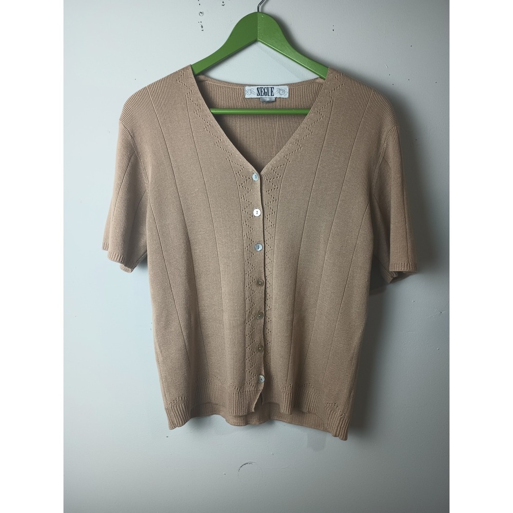 Vintage Segue Womens Tan Beige Pointelle V-Neck Short Sleeve Cardigan Medium